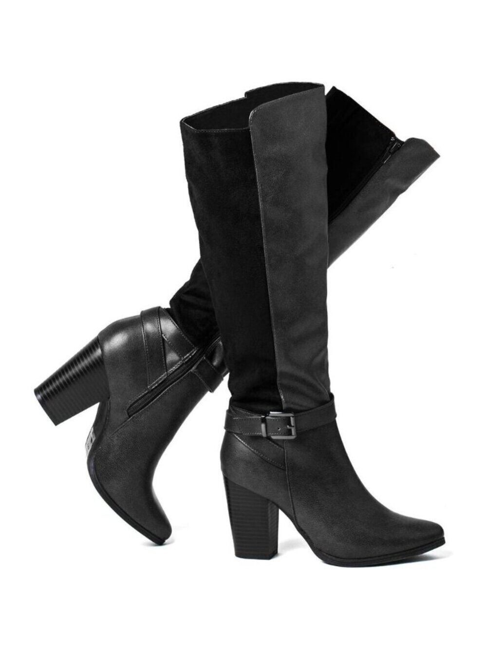 Women's Heeled Knee High Boots Zip Up Chunky Heel Tall Fashions Black Boots